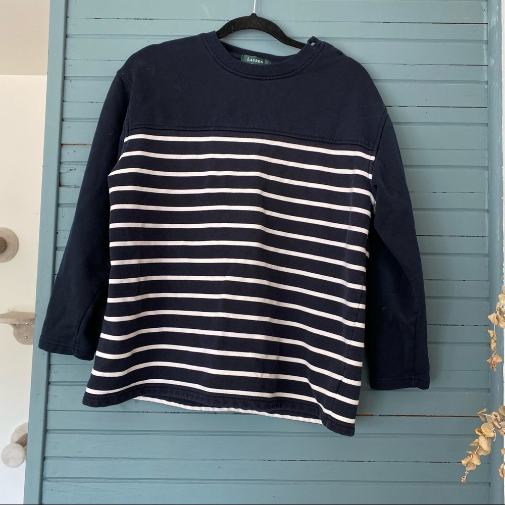 MEDIUM; Lauren Ralph Lauren Navy Blue Striped Pullover with embroidered shoulder